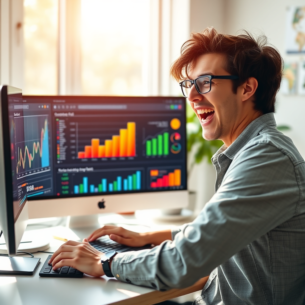 A photorealistic image showcasing a small business owner excitedly uploading content to an AI platform on a computer. The background includes charts and analytics on the screen, symbolizing rapid growth and efficiency, with natural lighting enhancing the lively atmosphere. The colors are vibrant, suggesting optimism in marketing strategies, while the texture details emphasize the high-tech capabilities of AI. The scene captures the essence of quick and effective video creation.