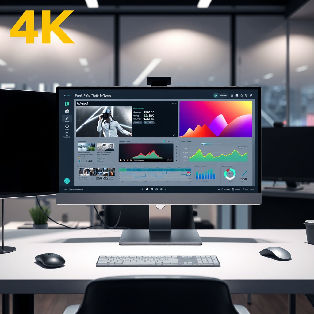 A photorealistic image showcasing an advanced AI software interface on a computer screen, featuring video editing features and analytics. The modern workspace background is sleek, with tech elements that illustrate innovation. The focus on technology emphasizes the cutting-edge methods used by BizVidz Media. Specs: 4K resolution, modern and compelling.
