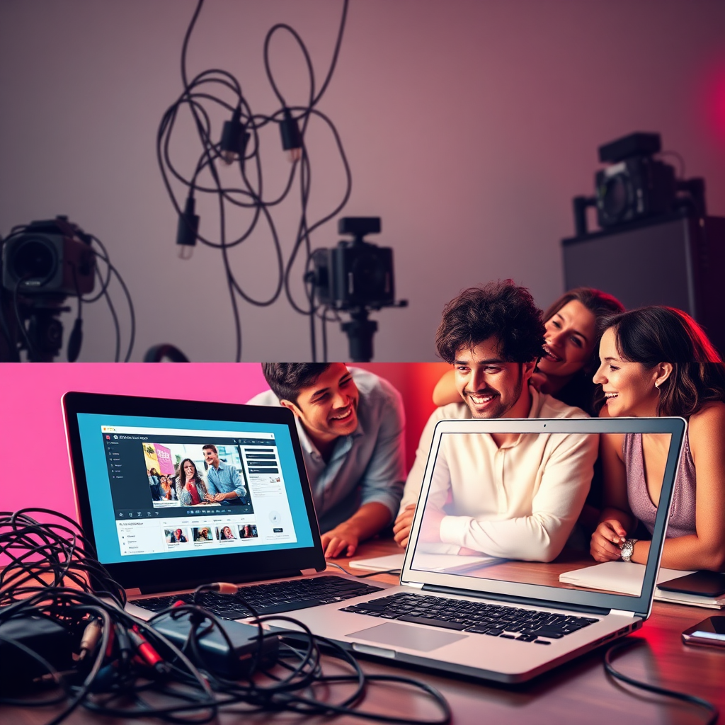 A stylized image contrasting creative brainstorming with intricate gadgets. The forefront shows an open laptop displaying video creation software, while in the background, tangled wires and old equipment fade away. The color scheme includes energizing hues that inspire creativity and innovation. A group of smiling individuals collaborates and shares ideas, showcasing the shift from tedious setups to engaging content creation.