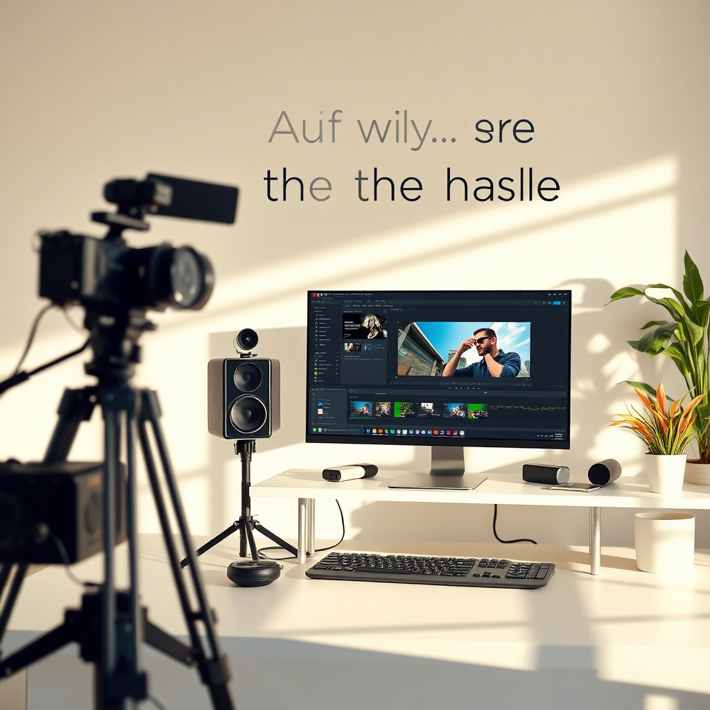 A stylized image contrasting traditional video production gear with a sleek desktop setup featuring an AI video editing program. The traditional equipment is faded and pushed to the side, while the modern workspace is bright and inviting, with soft shadows and a clear focus on the computer. The color palette uses fresh tones to evoke a sense of ease and accessibility. The setting is a contemporary office, highlighting ease of use without the hassle.