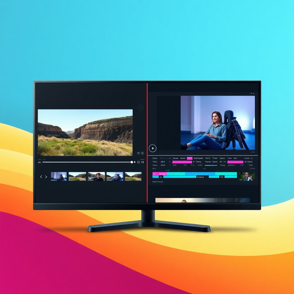 A stylized image depicting a split screen: one side shows raw video footage, and the other side displays the polished finished product. The editing software interface is highlighted, and the contrast emphasizes the transformative power of AI in editing. Specs: 4K resolution, modern and instructional.
