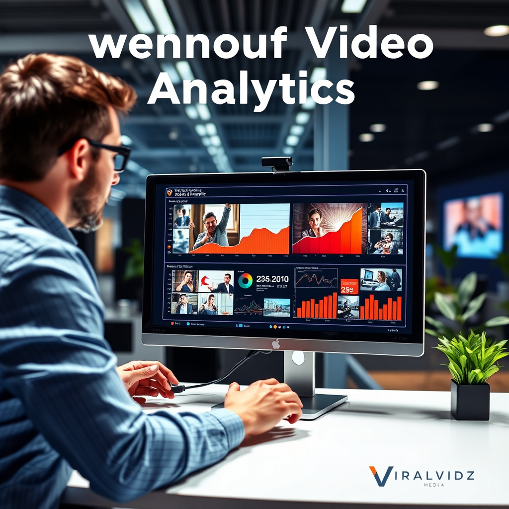A stylized image emphasizing the importance of video analytics. It shows a professional reviewing insightful graphs and charts on a large computer screen, with visuals of video clips playing simultaneously. The environment is modern and bright, featuring technology and innovation at its forefront. The colors highlight analytical data visualization themes, suggesting the data-driven approach taken by ViralVidz Media in refining marketing strategies.