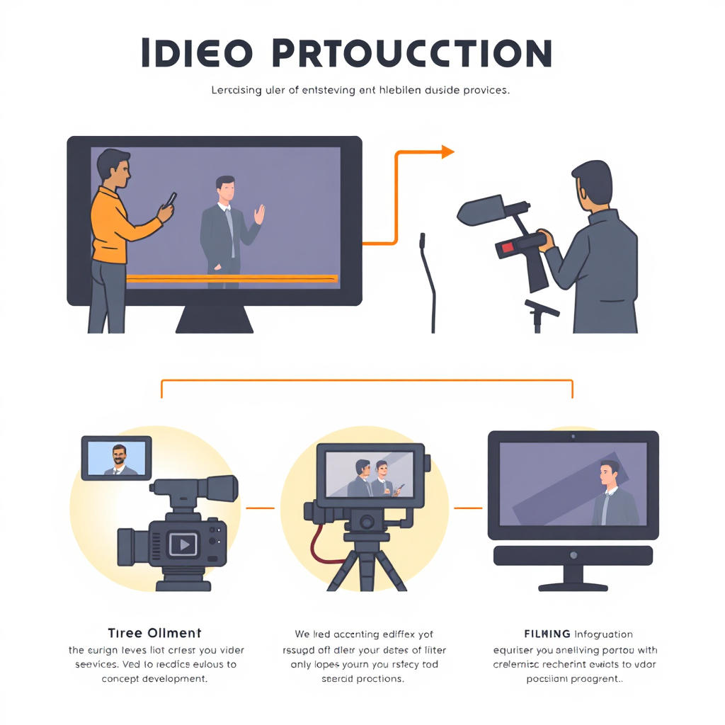 A stylized image illustrating different stages of video production in a clean infographic style, highlighting concept development, filming, and editing. The composition uses neutral tones with vibrant accents for a modern, professional appearance, capturing the comprehensive nature of services provided by BizVidz Media. Specs: 4K resolution, clear and professional.