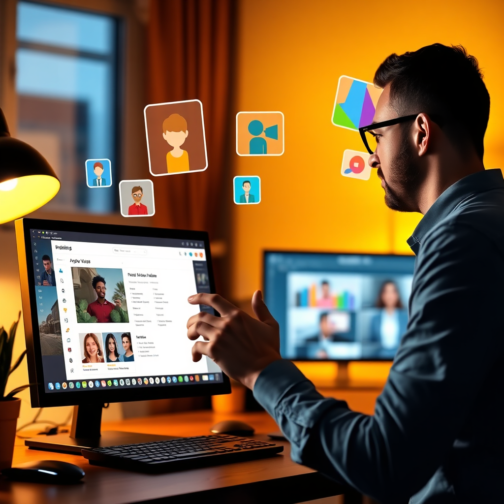 A stylized image of a business owner fine-tuning video content on a computer interface. The display highlights various personalization options being applied, with colorful graphics representing target audience demographics floating around. The warm lighting and inviting workspace enhance the theme of customization. The image exudes a sense of hands-on control, showcasing how AI enables personalized marketing to resonate with viewers.