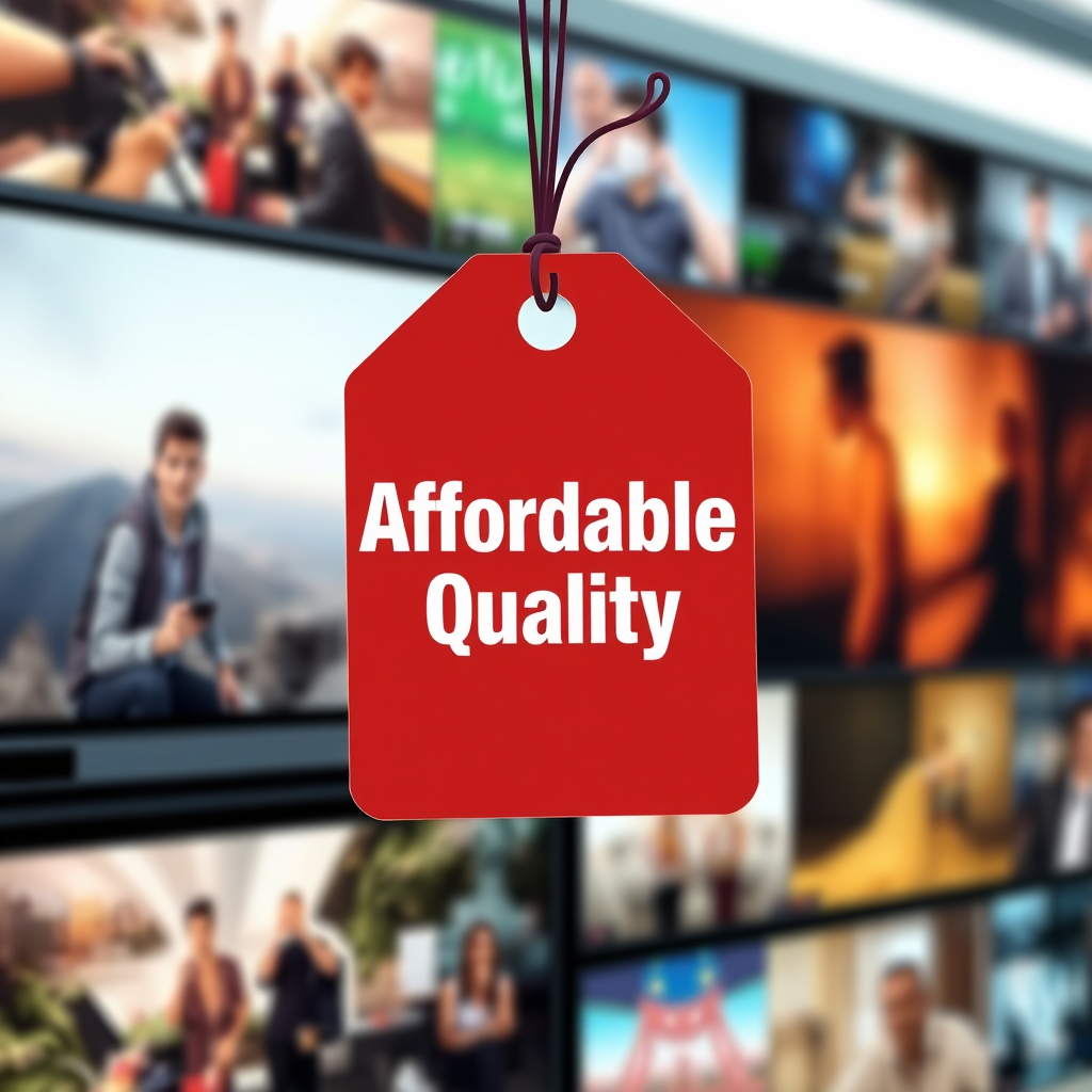 A stylized image showcasing a price tag with 'Affordable Quality' text, surrounded by visuals of vibrant and engaging video clips playing in the background. The bright colors and dynamic design highlight affordability while emphasizing quality, creating a sense of excitement. Specs: 4K resolution, bright and attractive.