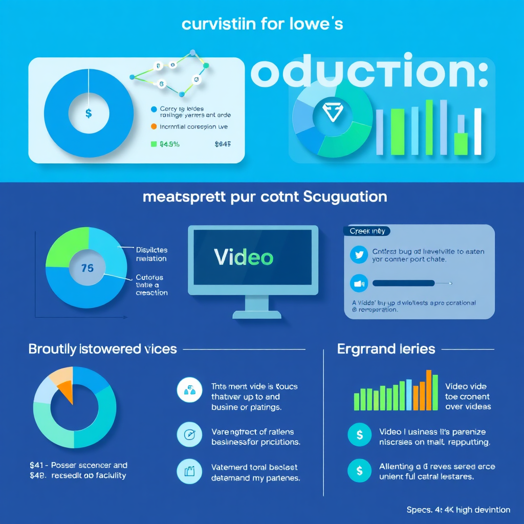 A stylized image showing the breakdown of video production costs. Visually represented through infographic elements, such as pie charts and engaging icons, the layout is bright and clean, using blue and green tones. The setting conveys a sense of clarity and transparency, appealing to businesses looking to make informed decisions. Specs: 4K resolution, high definition.