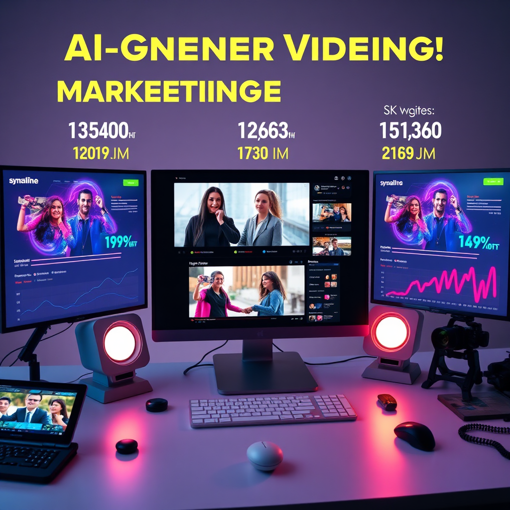 A vivid image showcasing an online marketing campaign featuring AI-generated videos. The scene includes a computer with high-quality videos playing, surrounded by metrics and analytics on screens, indicating sky-high engagement rates. Bright colors and a clean layout signify professionalism and effectiveness, while tech gadgets on the desk emphasize modern video production capabilities. The lighting is bright and inviting, capturing the essence of successful marketing strategies.