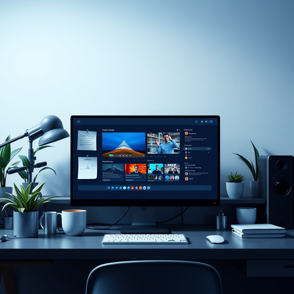 Create a stylized image of a sleek, modern workspace with an AI-driven software interface on a desktop computer. The workspace should feel energetic and organized, featuring elements like notes, coffee mugs, and plants. Use a cool color palette of blues and grays with dynamic lighting to emphasize efficiency and modern technology. The image should be in high quality to reflect the capability of fast video production.