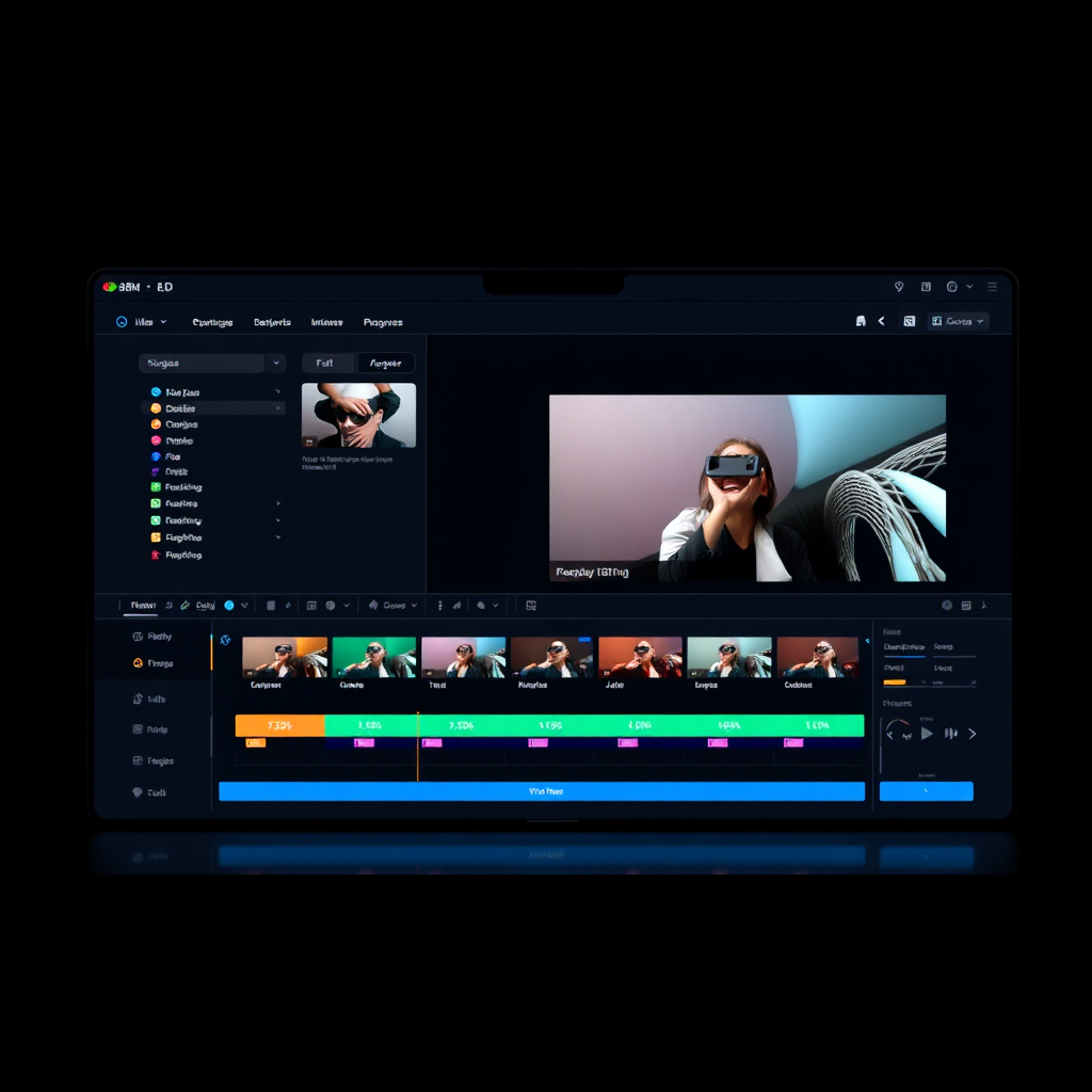 Create a visual representation of an AI software interface that showcases video editing features. Use a dark background to highlight the interface with bright, colorful buttons and options, filling the environment with a sense of innovation and technology. Capture this in high-quality resolution to embody the expert tools available.