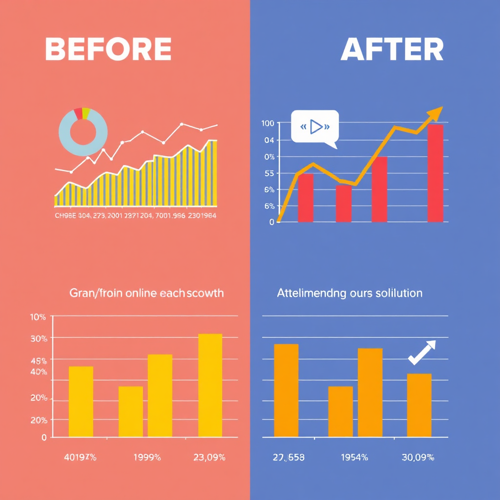 Create a visually appealing graphic showing before-and-after statistics of a brand’s online reach after implementing our video solutions. Include elements like analytics, charts, and rising graphs that visually depict growth. Use bright, contrasting colors to draw attention to the results, with a clean layout providing clarity. The camera angle should be eye-level, promoting a direct conversation about success. Style references could be sleek digital marketing reports. Technical specs should be 4K resolution, high quality.