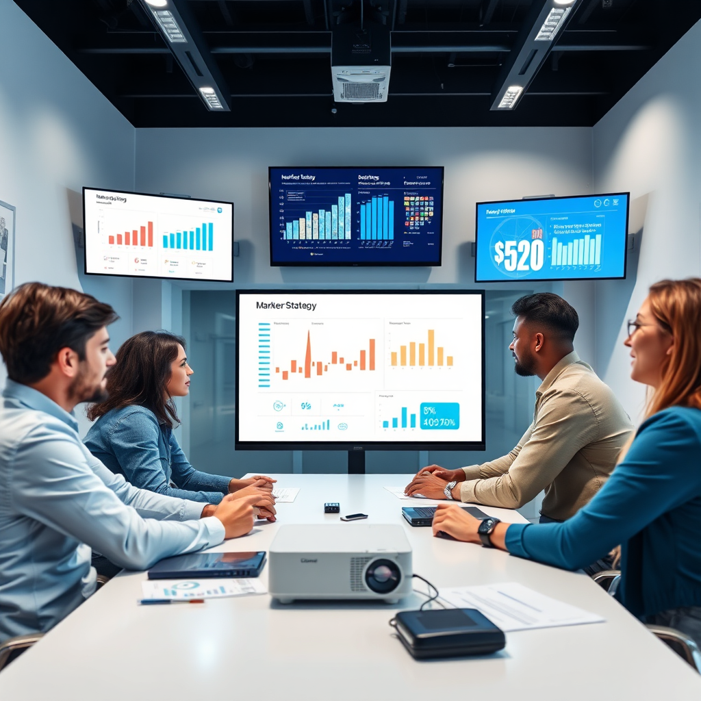 Create an image of a small team collaborating on a marketing strategy in a modern conference room. They are surrounded by charts and video screens displaying analytics. Use bright, focused lighting with a clean color palette of white and blue for professionalism. The camera angle should capture the team's diverse perspectives. Props such as a projector and insightful presentation materials should enhance the environment, emphasizing teamwork and data-driven decisions. Style references would involve professional team dynamics. Technical specs should be 4K resolution, high quality.
