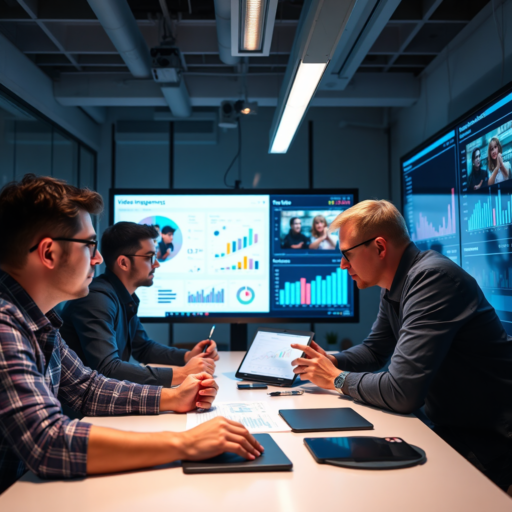 Create an image showing a team analyzing video performance data on large screens in a modern office. The lighting should be cool and focused, enhancing the professional environment. Incorporate elements like graphs and charts showcasing video engagement metrics. Use an angle that captures the team's focused expressions, illustrating determination and insight. Style references could include data analytics presentations. Technical specs should be 4K resolution, high quality.