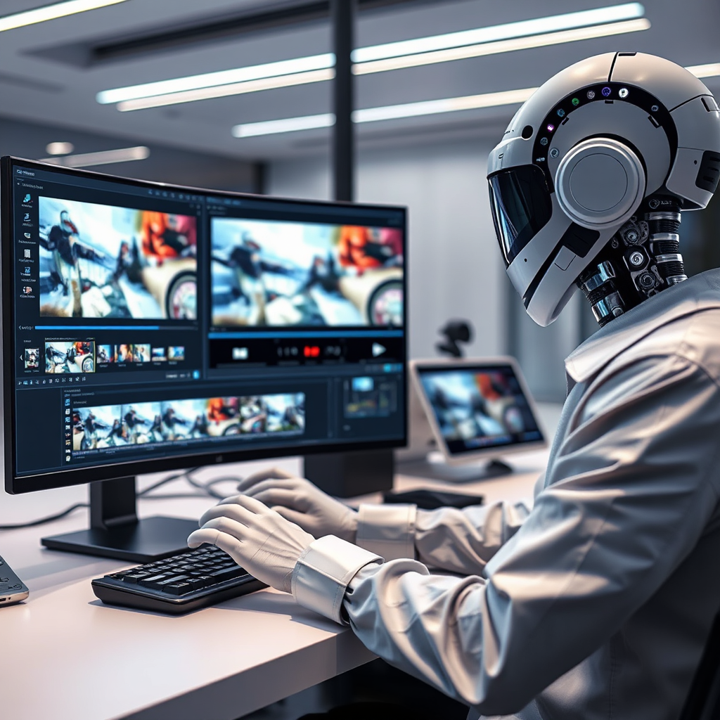 Create an image showing an AI video editor in action, with smart software generating dynamic video clips on a computer. The environment should be sleek and modern, with screens displaying enticing graphics. Use bright, modern lighting conditions to emphasize the cutting-edge technology at work. The image should convey efficiency, captured in high quality to showcase the innovative spirit of ViralVidz Media.