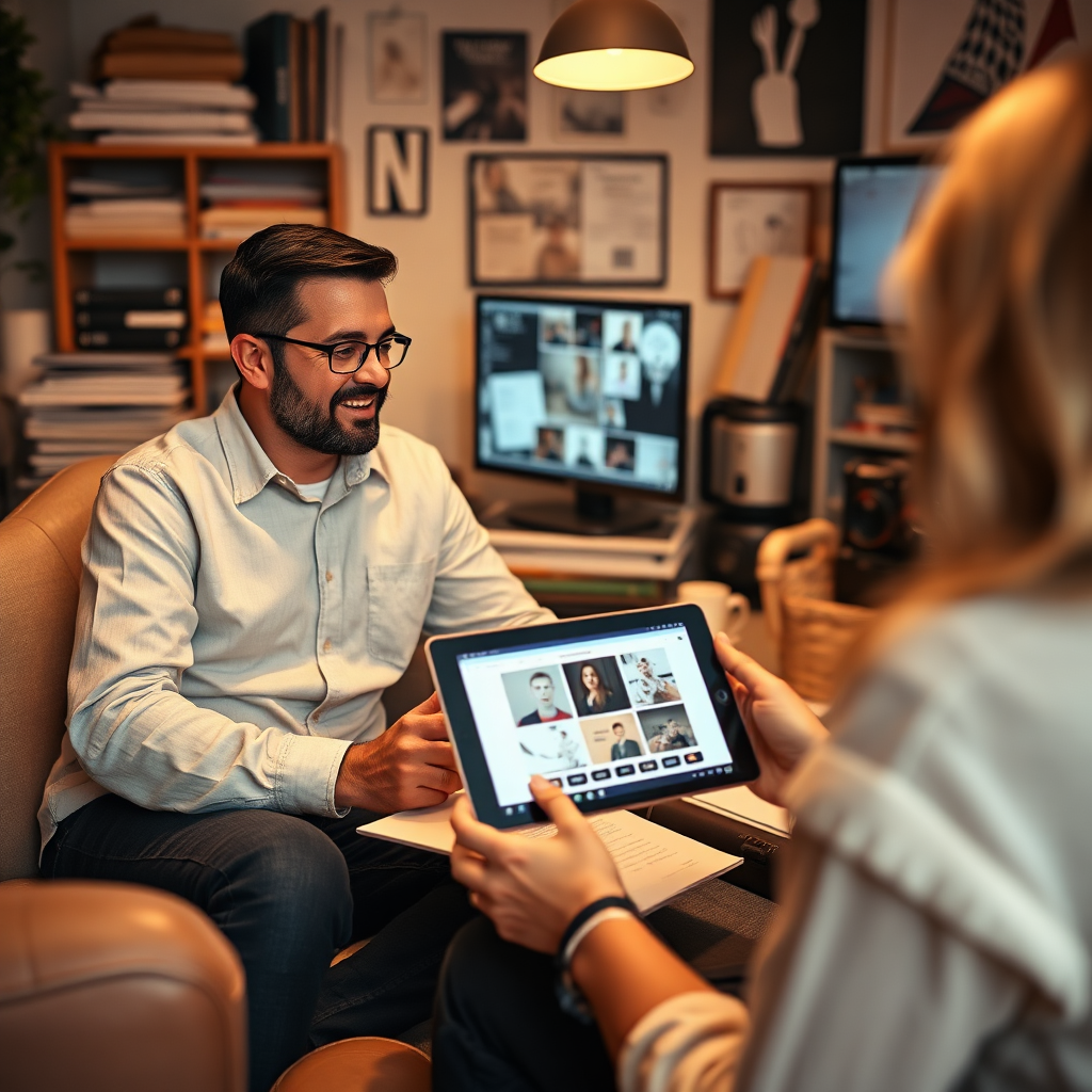 Create an inviting image of a marketing consultant working one-on-one with a client, designing a custom video strategy. The setting should feel personal, cluttered with creative materials and screens displaying visual concepts. Use warm, inviting lighting with neutral colors to create comfort. The camera angle should focus on the interaction and content shared on a device screen, highlighting collaboration. Style references could be personal consultation experiences. Technical specs should be 4K resolution, high quality.