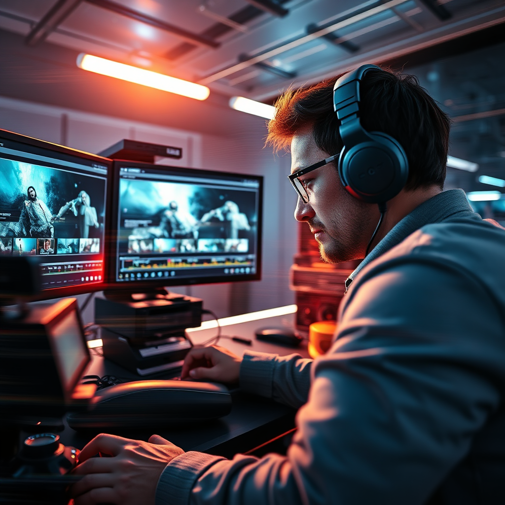 Depict a fast-paced scene of video editing in progress, showcasing a professional with headphones intensely focusing on creating a video in a modern, sleek studio. Dynamic lighting should emphasize urgency and creativity. The color palette should involve shades of silver and black evoking sophistication. The camera angle should show the expert at work, immersed in a dual-monitor setup displaying video timelines. Integrating elements like a digital clock and editing gear should highlight speed and efficiency. Style references include modern creative studios. Technical specs should be 4K resolution, high quality.
