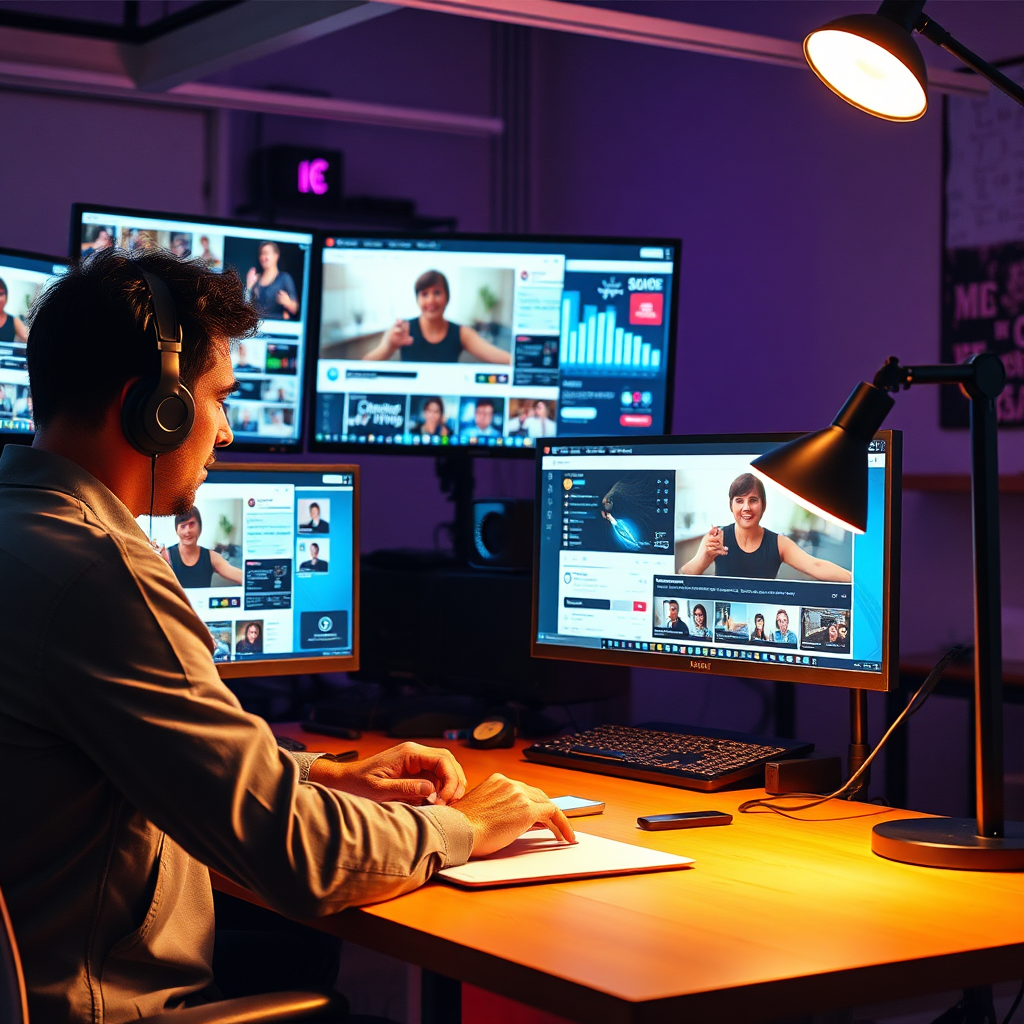 Depict an engaging image of a social media specialist working on various platforms, posting videos. The workspace should have multiple screens displaying social media feeds and analytics. Use lively lighting and a vibrant color palette to create an energetic atmosphere. The camera angle should capture the excitement of monitoring audience interactions, reflecting social engagement. Style references could include social media marketing scenes. Technical specs should be 4K resolution, high quality.