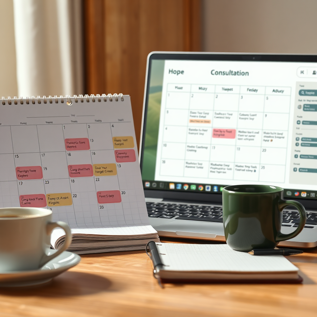 Depict an engaging scene of a calendar marked with consultation dates, alongside a laptop open to a scheduling page. The lighting should be warm and inviting, with a color palette of pastel hues suggesting hope and planning. A camera angle focused on the calendar and tech elements should show readiness to engage. Props can include a coffee cup and a notebook. Style references would be business planning visuals. Technical specs should be 4K resolution, high quality.