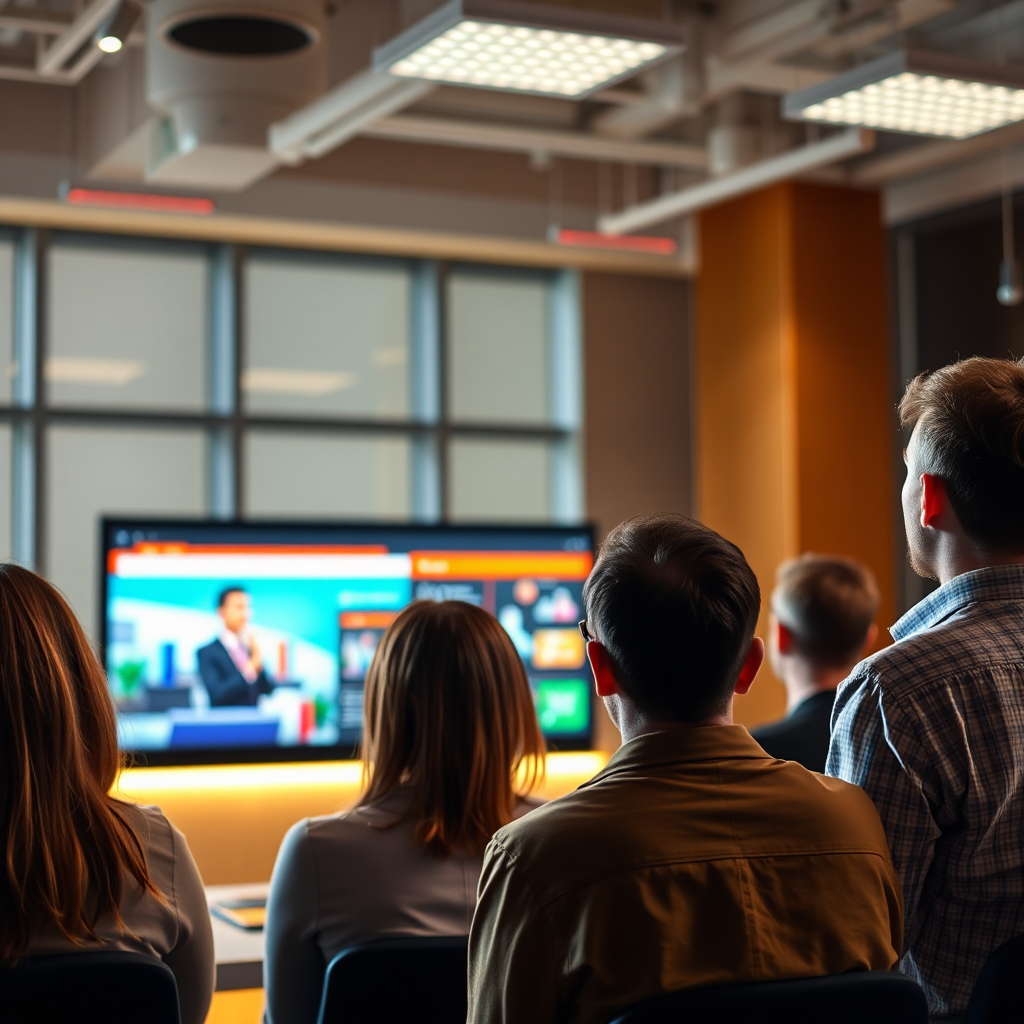 Design a photorealistic image depicting a group of engaged viewers watching a captivating video presentation on a large screen in an office setting. The lighting should be high-energy and bright, reflecting the enthusiasm of the audience. Utilize a palette of vibrant colors to enhance the excitement. The textures should emphasize modern and professional settings, captured in high quality to represent engaging content.