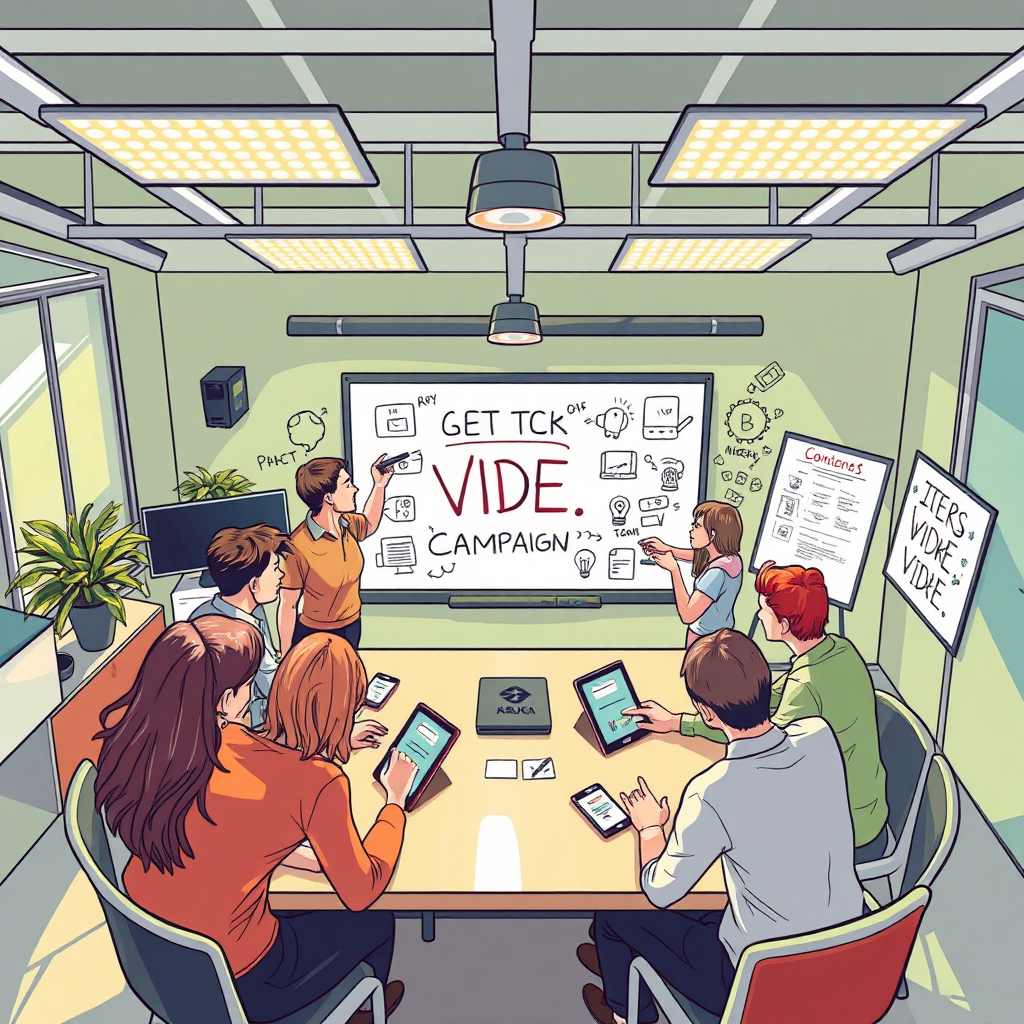 Illustrate a dynamic office setting where a team is sharing ideas for a video campaign. The focus should be on collaborative tools like tablets and whiteboards filled with concepts. Bright, balanced lighting should create an optimistic environment. Use a color palette with lively tones such as green and orange. Capture the urgency and excitement through an overhead camera angle, showing the collective effort. Style references include brainstorming sessions of tech startups. Technical specs should be 4K resolution, high quality.