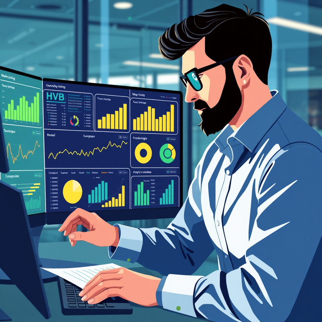 Illustrate a scene where a marketing analyst is reviewing performance metrics on a screen filled with data analytics. Use sleek design elements and charts to show a connection between data and creative content. The colors should be a mix of deep blues and greens to evoke professionalism and expertise. The image should have a modern office environment, captured in high quality to convey the analytical strength of AI tools.