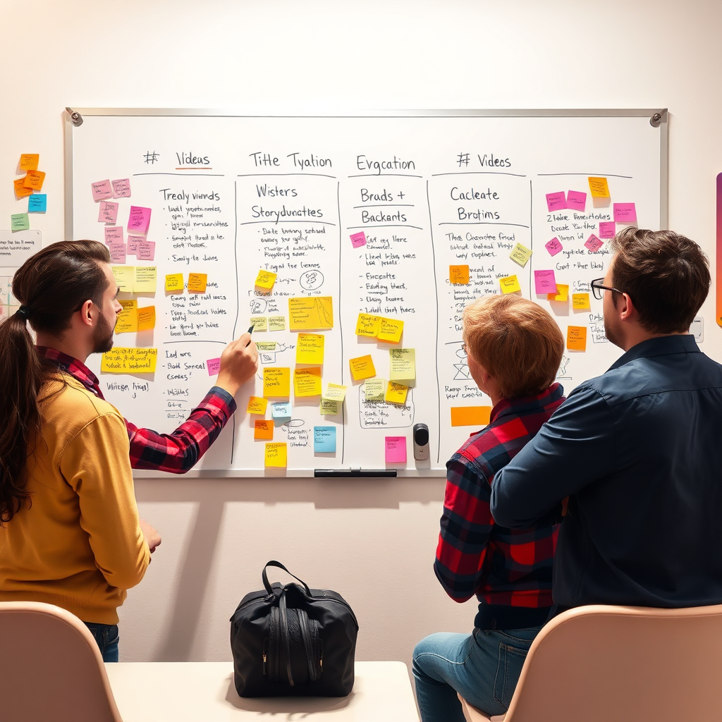 Illustrate a storyboard planning session with creatives mapping out ideas for video production on a large whiteboard. The scene should be colorful and filled with notes, sketches, and vibrant stickers. Bright lighting will enhance the collaborative spirit and creativity in the room. This high-quality image should really reflect the dynamism of the production process.
