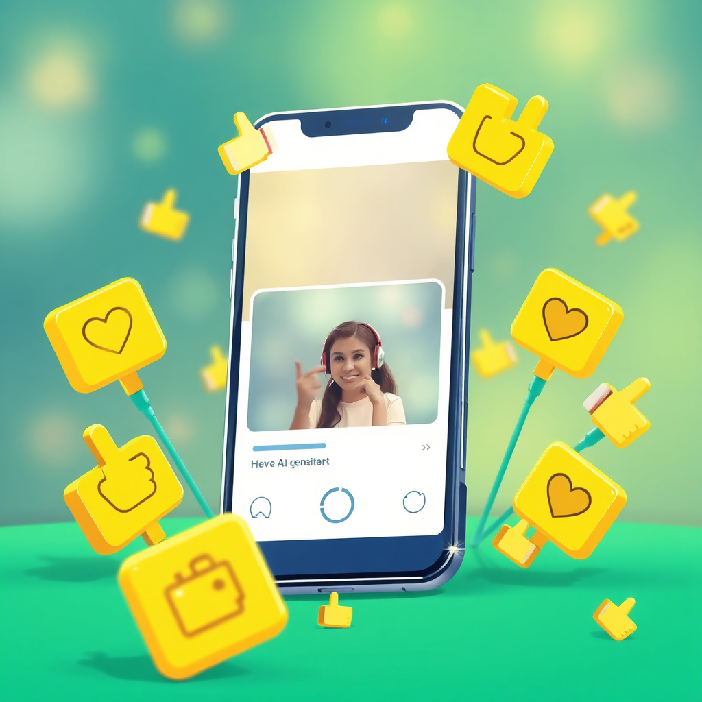 Illustrate a vibrant, photorealistic scene showcasing a smartphone displaying an AI-generated video ready for sharing on social media. Surround the phone with symbols of engagement, like likes and shares. The composition should have bright colors like green and yellow to convey enthusiasm and innovation. Use soft focus in the background, highlighting the phone as the focal point. Capture this image in high quality to inspire action.