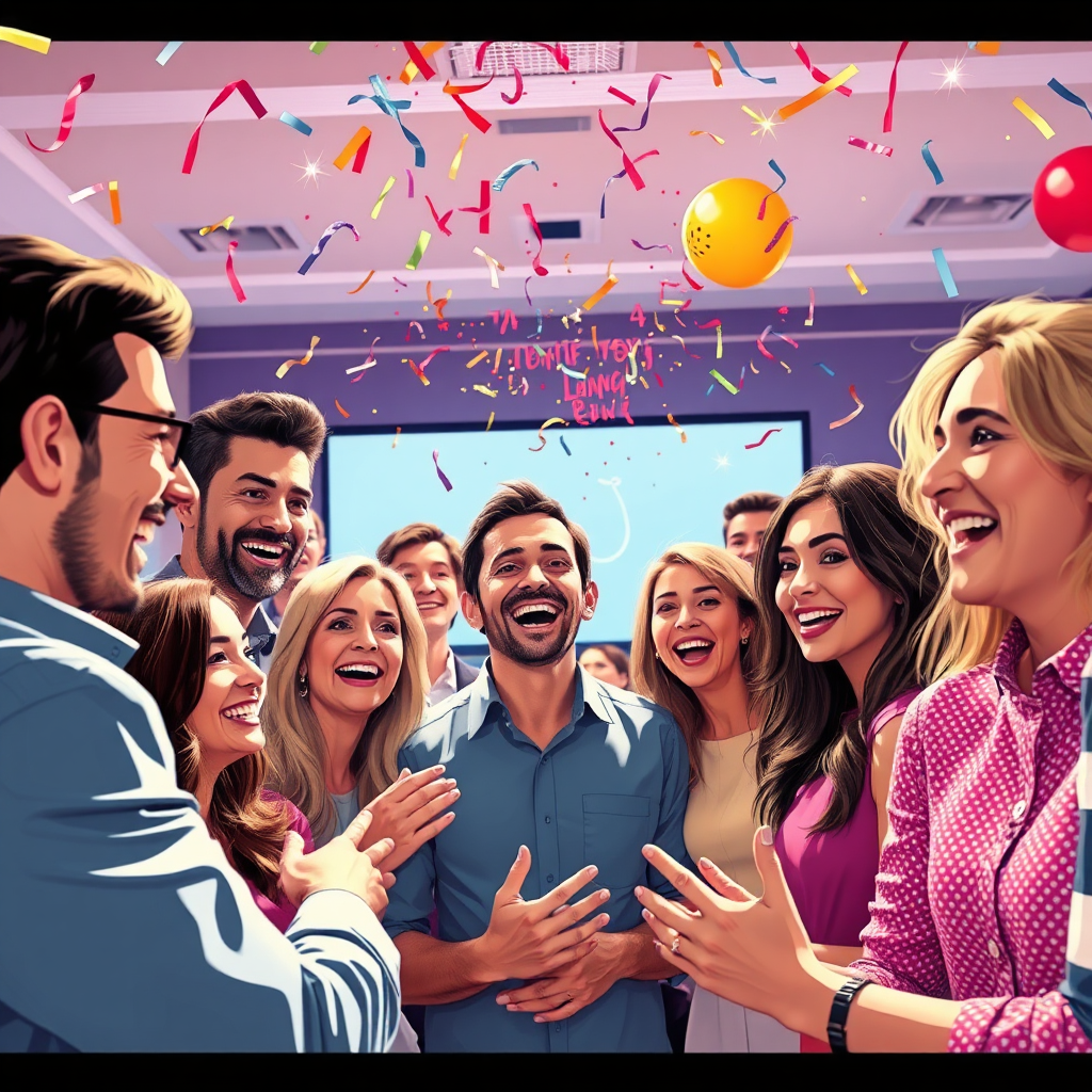 Illustrate an energetic gathering of clients and team members celebrating a successful project launch, reflected in happy faces. The scene should be joyful, decorated with your brand colors and fun props like confetti or balloons. Bright lighting should enhance the festive mood. The camera angle should capture the group from a slight distance, showcasing community. Style references could be team-building events or corporate celebrations. Technical specs should be 4K resolution, high quality.