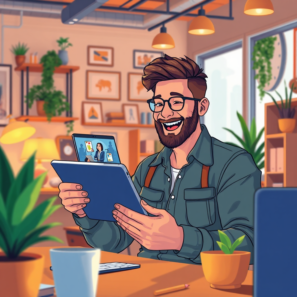 Illustrate an engaging scene featuring a joyful small business owner reviewing a dynamic AI-generated advertisement video on a tablet. The office should have vibrant decor and elements that signify creativity. Warm lighting should create a welcoming atmosphere. Use natural colors and a camera angle focused on the owner's reaction, showing excitement and anticipation. The environment should feel modern and connected, emphasizing innovation. Style references include lifestyle and business ads. Technical specs should be 4K resolution, high quality.