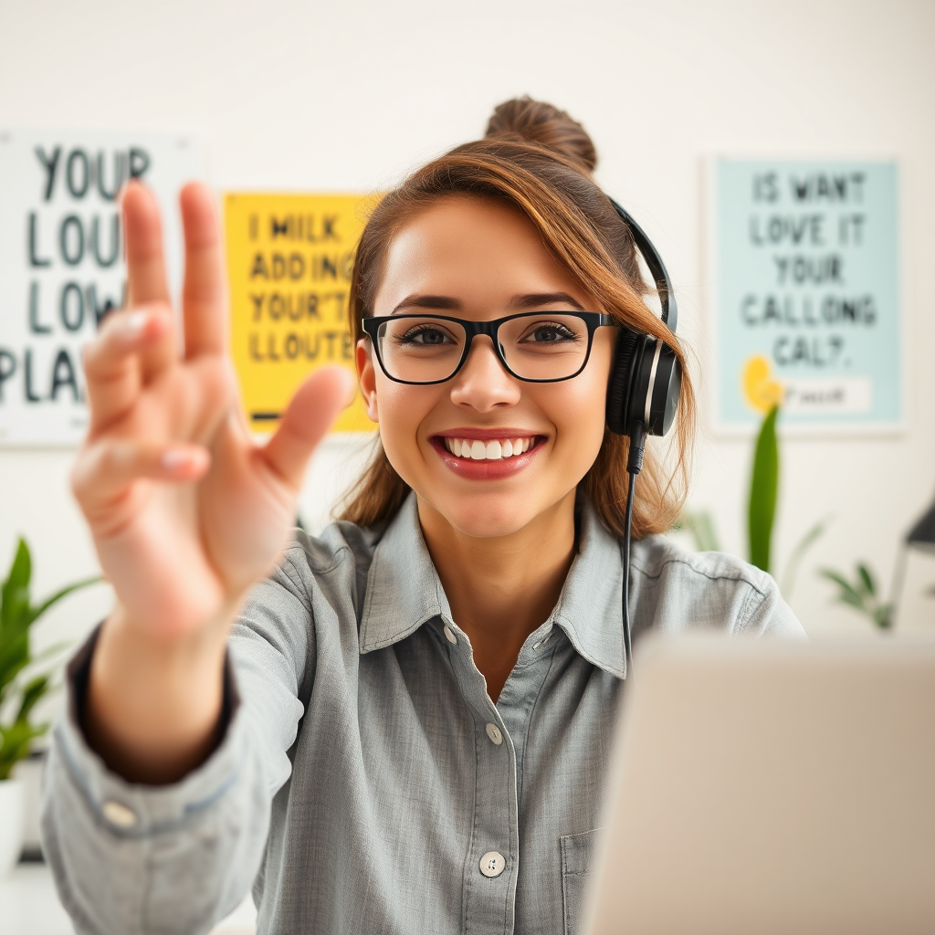 Show a friendly and inviting image of a person reaching out on a call or sending an email, reflecting eagerness and readiness to collaborate. The background should include motivational posters and a clean desk workspace emphasizing professionalism. Use bright, welcoming lighting to create an open appeal. Capture it from a close-up angle, focusing on the friendly expression while integrating tech elements like a phone or laptop. Style references might include friendly outreach campaigns. Technical specs should be 4K resolution, high quality.