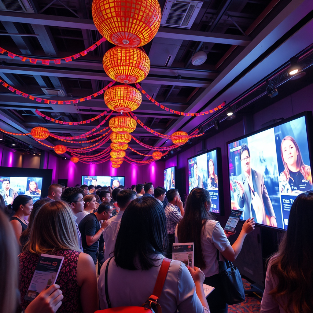 Show a lively scene of a business event showcasing a presentation of innovative video concepts. The ambiance should be cheerful with colorful decorations, and attendees engaging with digital displays. The lighting should be bright and celebratory, featuring a spectrum of vibrant hues. A camera angle from the audience's perspective should capture their enthusiasm. Include elements such as brochures and promotional materials to enhance the experience. Style references could involve interactive events. Technical specs should be 4K resolution, high quality.