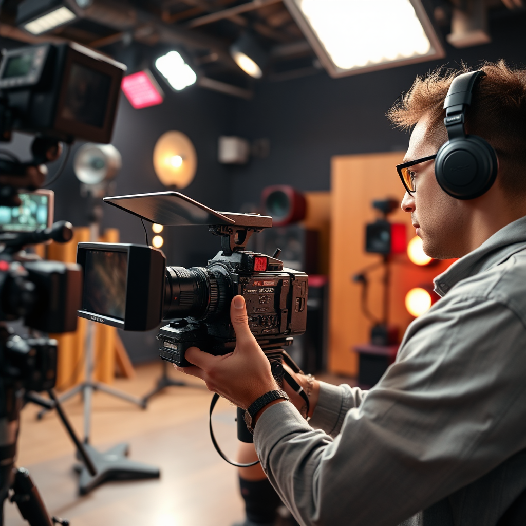 Show a skilled video producer in a studio setting surrounded by high-quality video equipment and production tools. The atmosphere should be professional, with bright lights and color corrections equipment reflecting creativity. Use a camera angle that focuses on the producer actively engaging with a project, showcasing the process of crafting a powerful video narrative. Style references might include behind-the-scenes of film production. Technical specs should be 4K resolution, high quality.