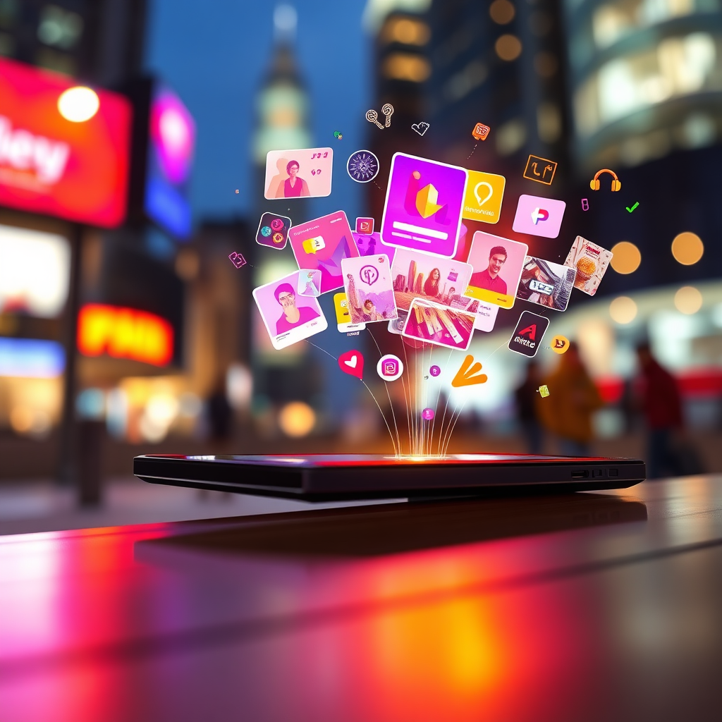 Showcase an eye-catching image of stunning visual graphics flowing from a digital device, symbolizing engagement and dynamism. The composition should include diverse digital marketing materials and a blurred cityscape in the background, representing influence. Bright colors like yellow and purple should dominate, catching the eye. The lighting should be dramatic, evoking excitement. The camera angle should create a sense of movement, as if the visuals are coming to life. Style references might include vibrant advertising campaigns. Technical specs should be 4K resolution, high quality.