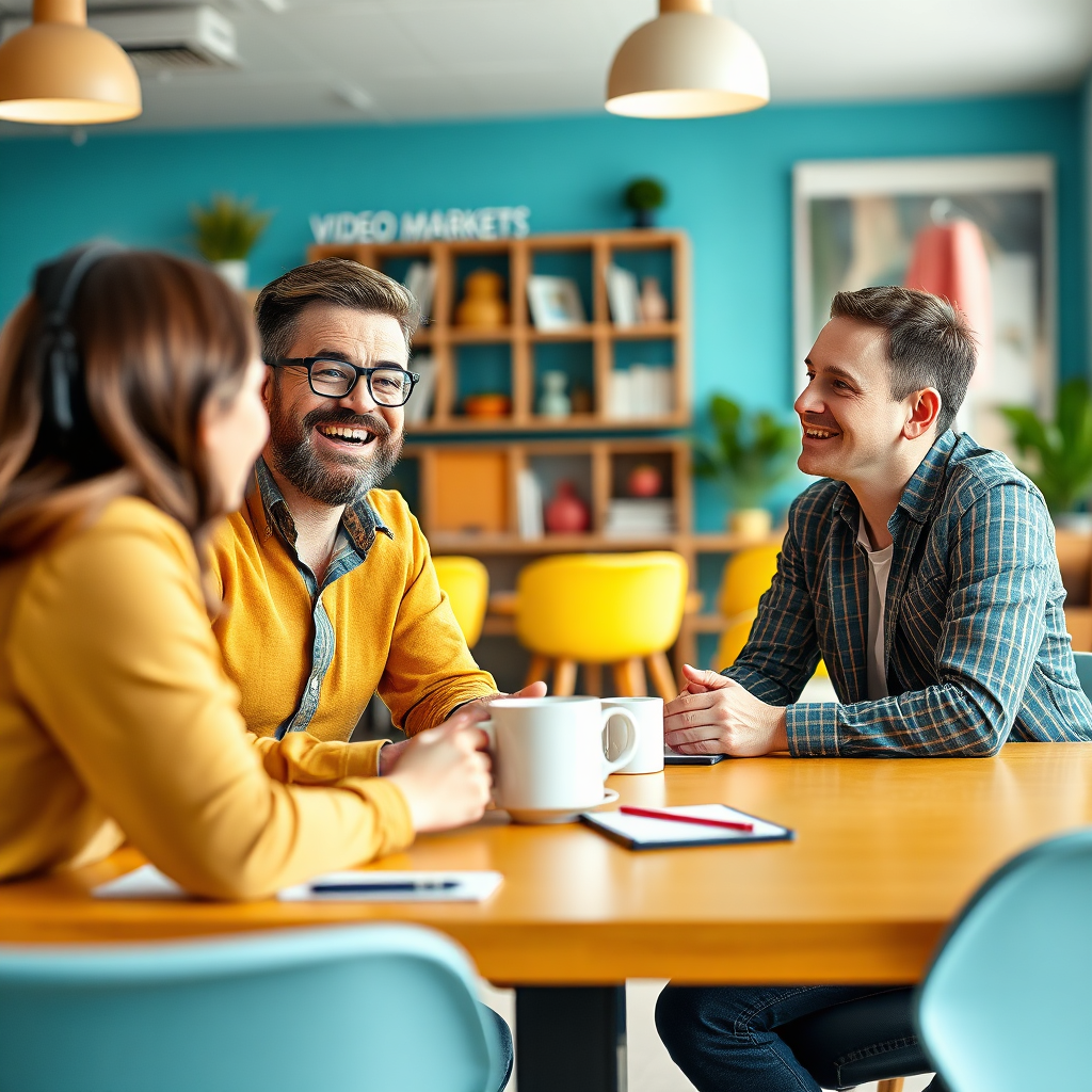 Showcase an inviting image of a business owner happily discussing video marketing services with a consultant. The setting should be casual yet professional, with bright colors symbolizing positivity. Focus on a friendly atmosphere with personal touches like mugs and notepads on the table to suggest ease of access to services. The camera should capture genuine expressions and engagement. Style references could involve friendly business consultations. Technical specs should be 4K resolution, high quality.