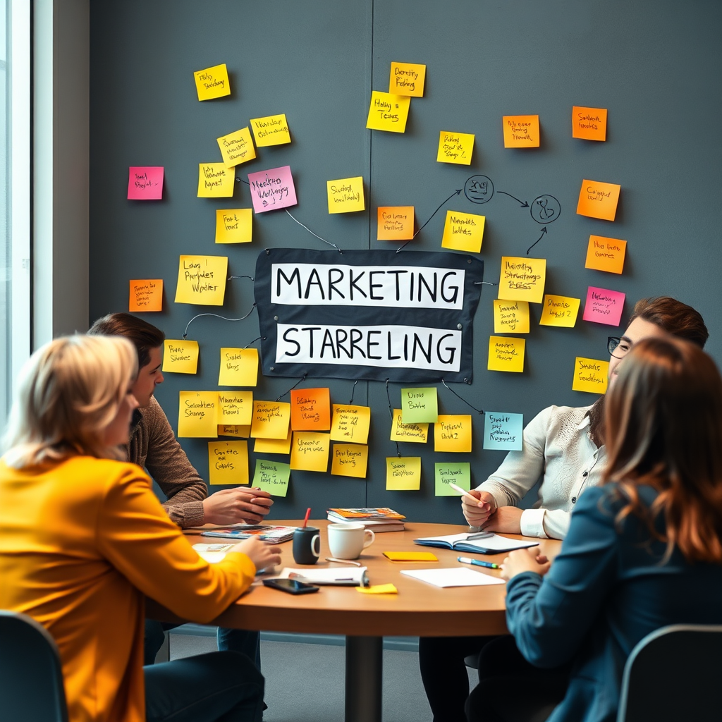 Visualize a brainstorming session with a team using sticky notes to organize marketing strategies around a central idea. The scene should be vibrant, filled with creative ideas, inspiring colors, and thoughtful discussions. Use a high-quality resolution to capture the essence of collaboration in strategy formulation.