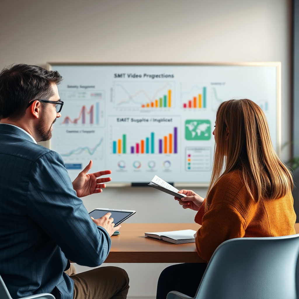 Visualize a friendly consultant working with a small business team, explaining the benefits of AI video production. The setting should be bright and welcoming, with colorful charts and graphs on a whiteboard in the background. Use warm lighting and inviting textures to create a sense of partnership. This photorealistic image should be engaging and capture the spirit of collaborative growth.