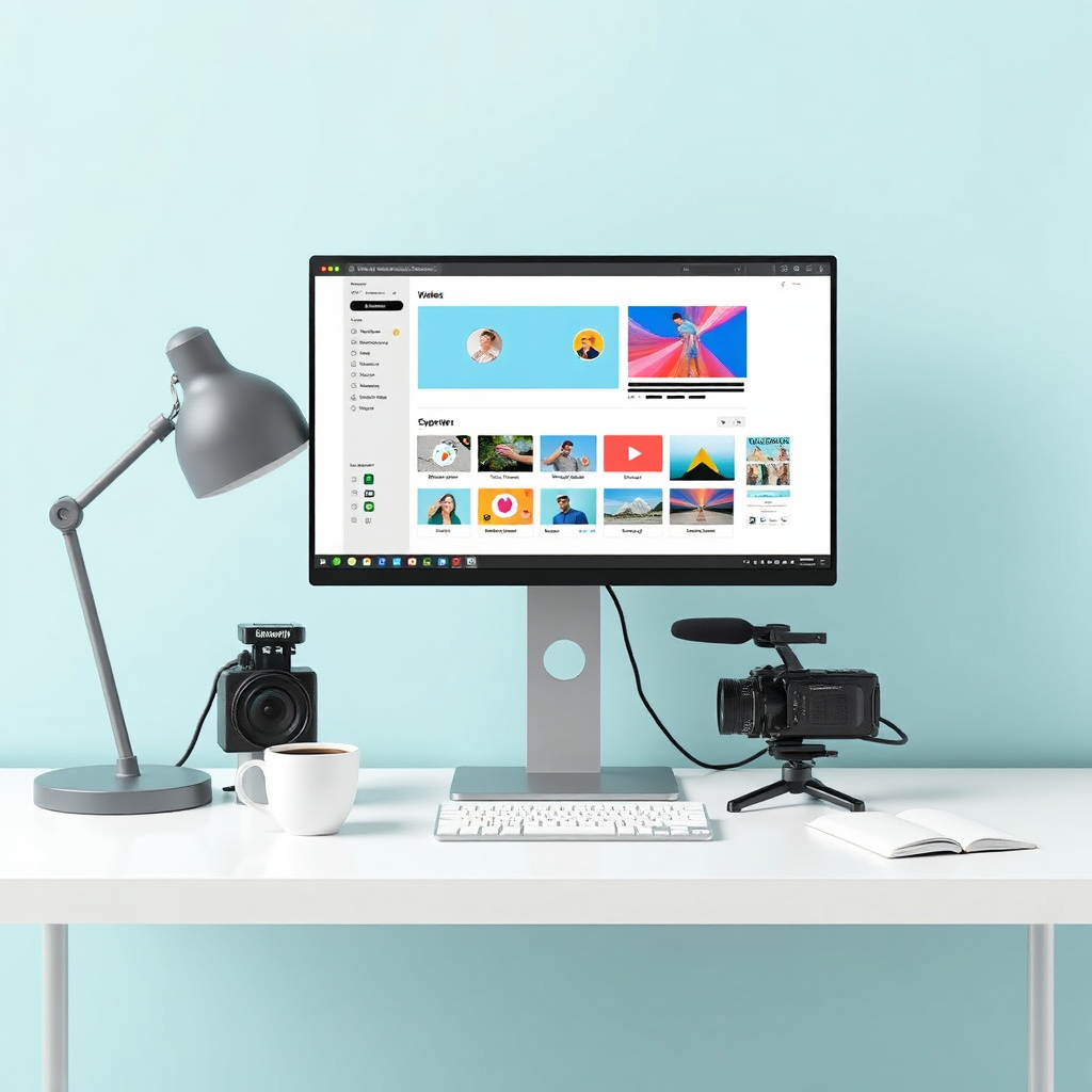 Visualize a workspace devoid of traditional filming gear, with only a computer and a cup of coffee on the desk. The screen should be filled with vibrant video production tools and graphics. The color palette should be minimalistic with bright accents to evoke simplicity and modernity. Capture this creative setup in a high-quality, photorealistic image that promotes ease of use.