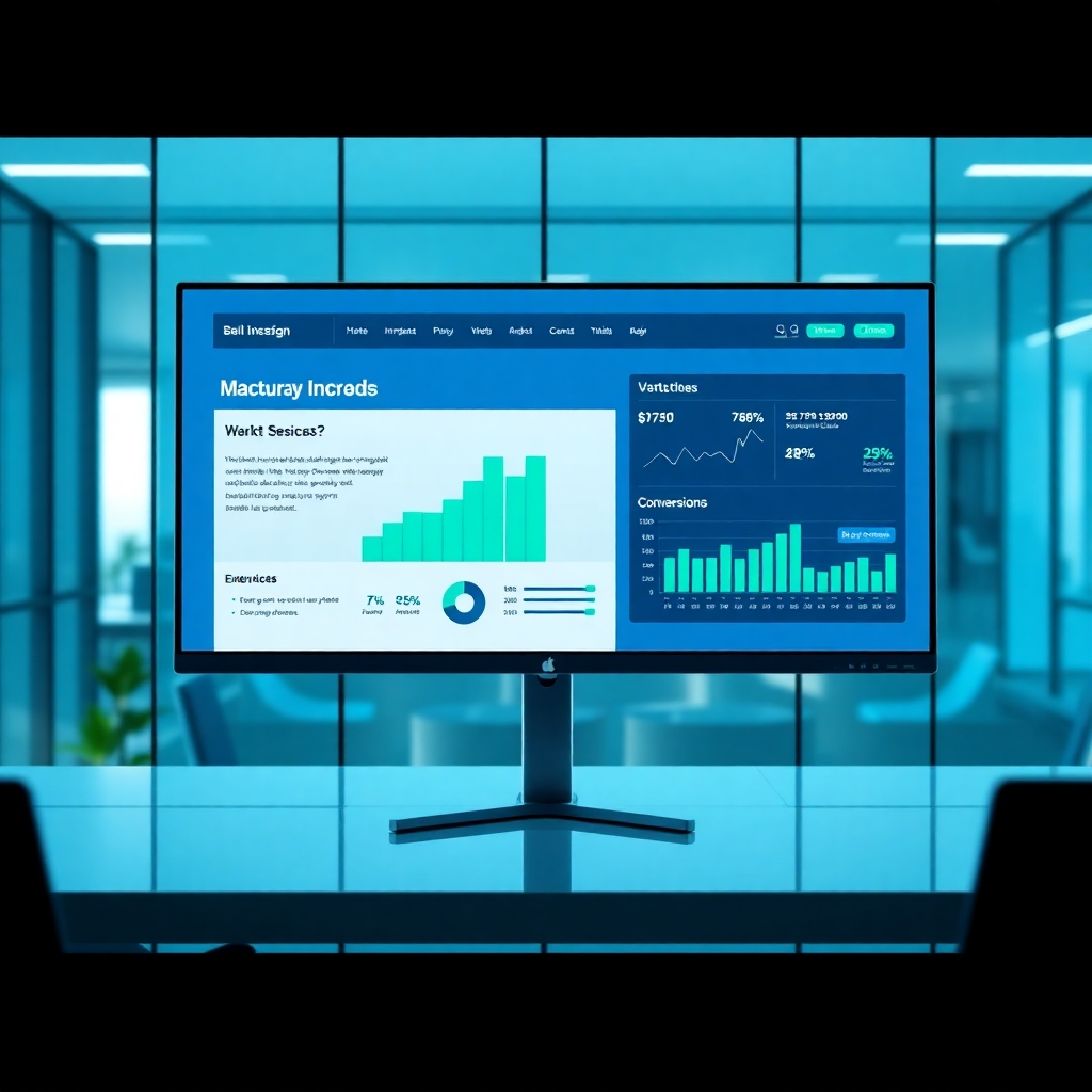 A photorealistic image depicting a high-end website design on a large monitor, with data visualizations showing improved user engagement and conversions.  The background should be a modern office setting, emphasizing professionalism and success. The color palette should be clean and sophisticated, with an emphasis on blues and greens.