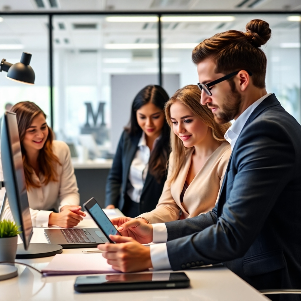 A photorealistic image featuring a team of people in a professional office working with AI to enhance their social media presence. The photo should highlight teamwork, collaboration, and professional tools to enhance the company's image.