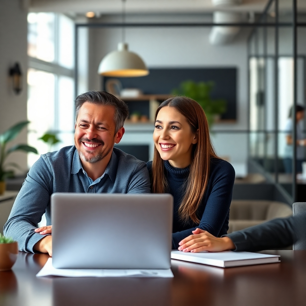A photorealistic image of a client smiling happily with a laptop on the table and a professional team member next to them discussing the results. The background should feature a stylish and professional office space.