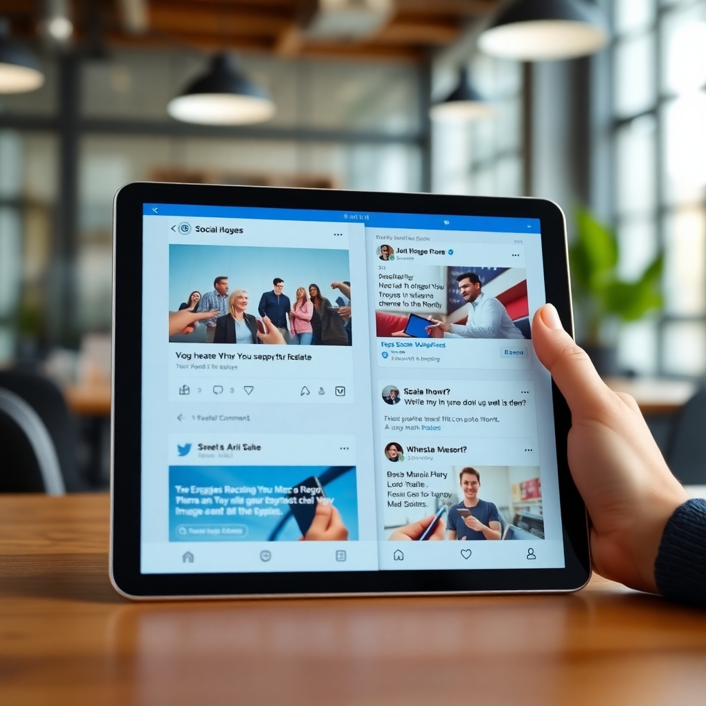 A photorealistic image of a tablet or phone displaying engaging social media posts with high-quality images and positive comments. The background could be a modern office or co-working space, conveying a sense of productivity and collaboration. This showcases the results of successful social media management.