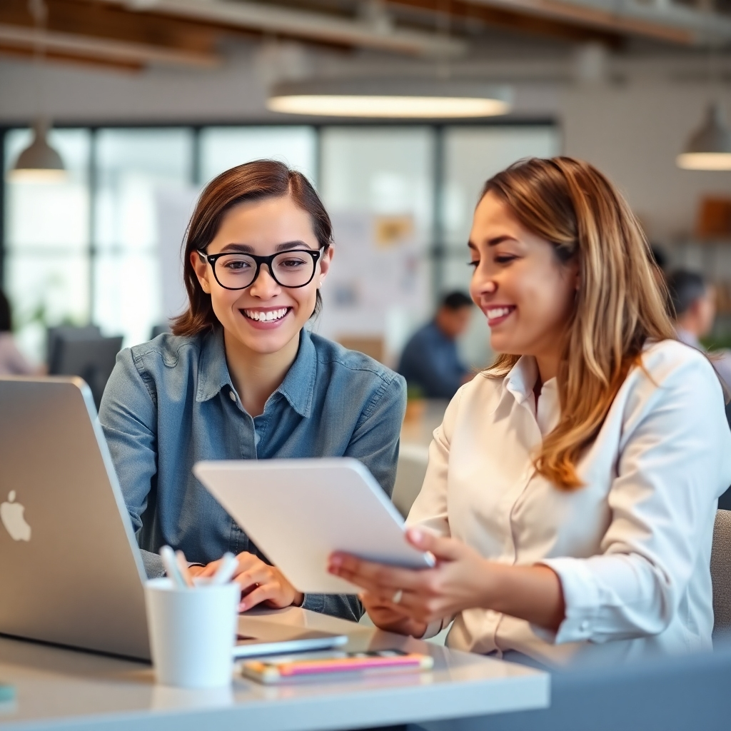 A photorealistic image of a team member happily interacting with clients on social media, possibly using a professional tool to manage their comments and other activities. The surrounding workplace should appear to be a friendly and professional workspace.