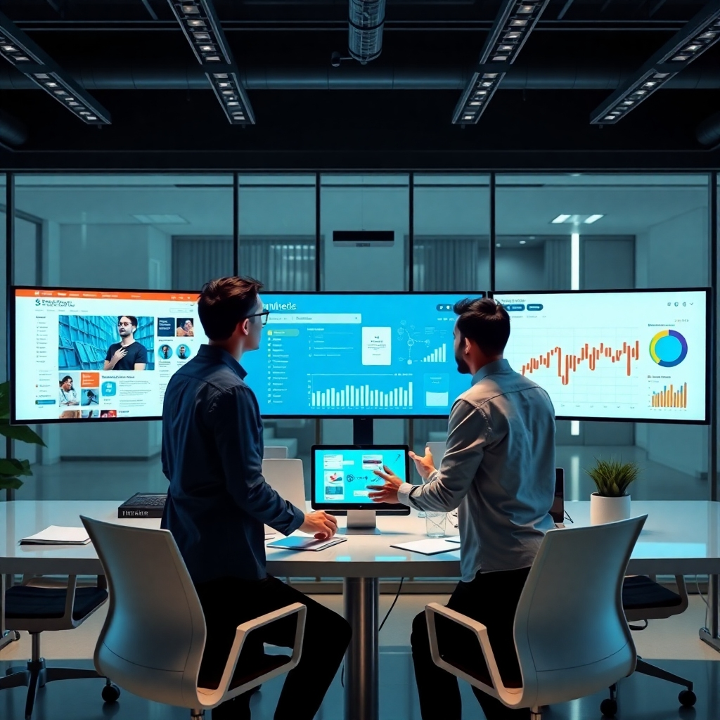 A photorealistic image showing a team of people collaborating on a multi-screen setup. The screens show a website, social media platforms, and AI-driven analytics. The office is modern and sleek.