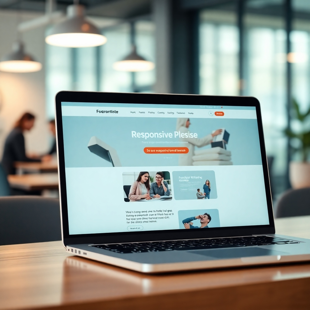 A photorealistic image with a close-up of a laptop screen showing a responsive and aesthetically pleasing website design. The background is a blurry modern office setting with elements that hint at a collaborative, professional work environment.