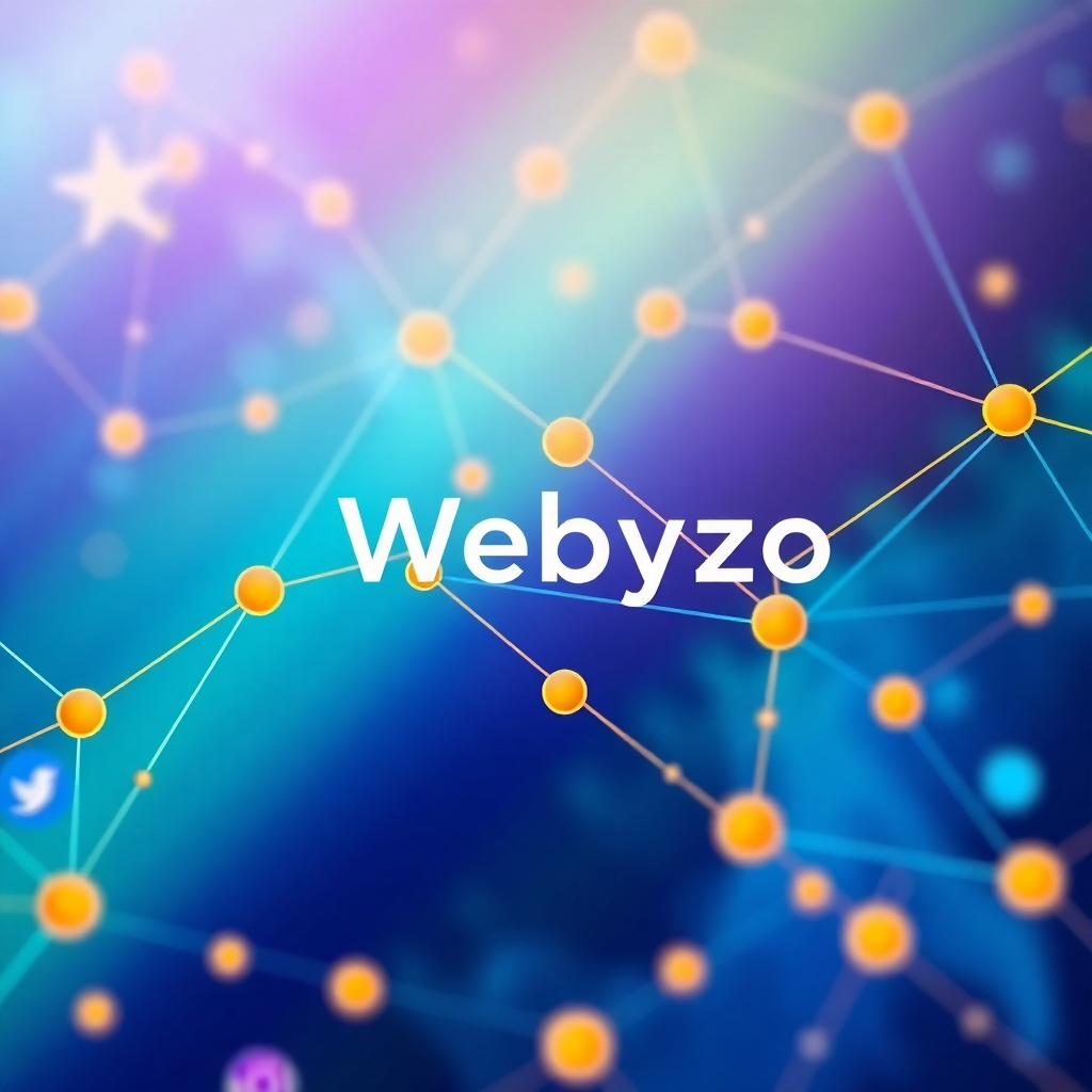 A stylized image, 4K resolution, representing Webyzo's mission. The image should be a vibrant and colorful abstract representation of a network, with nodes representing websites, social media platforms, and AI algorithms. Lines connecting the nodes represent the interplay and synergy between these elements. The color palette should be bright and energetic, featuring a gradient of blues, greens, and oranges. The style should resemble a modern data visualization or network graph, yet with an artistic touch. The overall atmosphere should be dynamic and innovative. Relevant props would be abstract representations of websites, social media icons, and AI-related symbols.