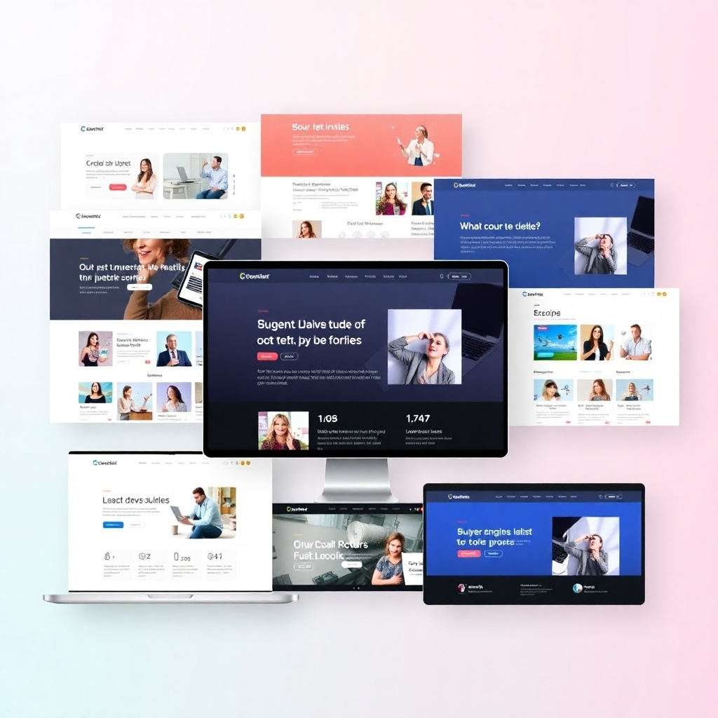 A stylized image featuring a diverse collection of clean, user-friendly website designs, with emphasis on color coordination and UX/UI best practices. The background should be a soft gradient and highlight responsiveness across various screen sizes.