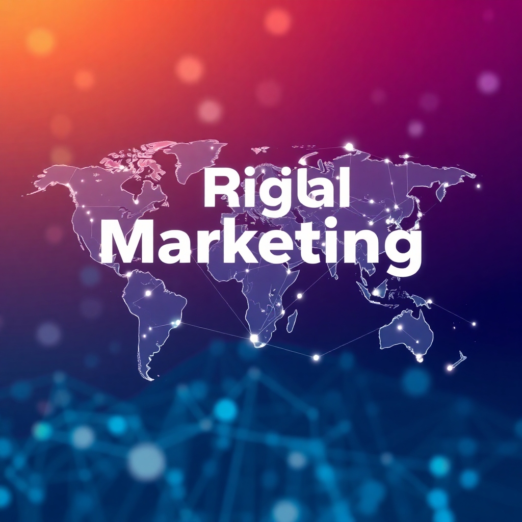 A stylized image featuring a futuristic concept that combines a world map with network nodes. The lines connecting nodes can show the movement of information. A modern technology background emphasizes AI-powered digital marketing.