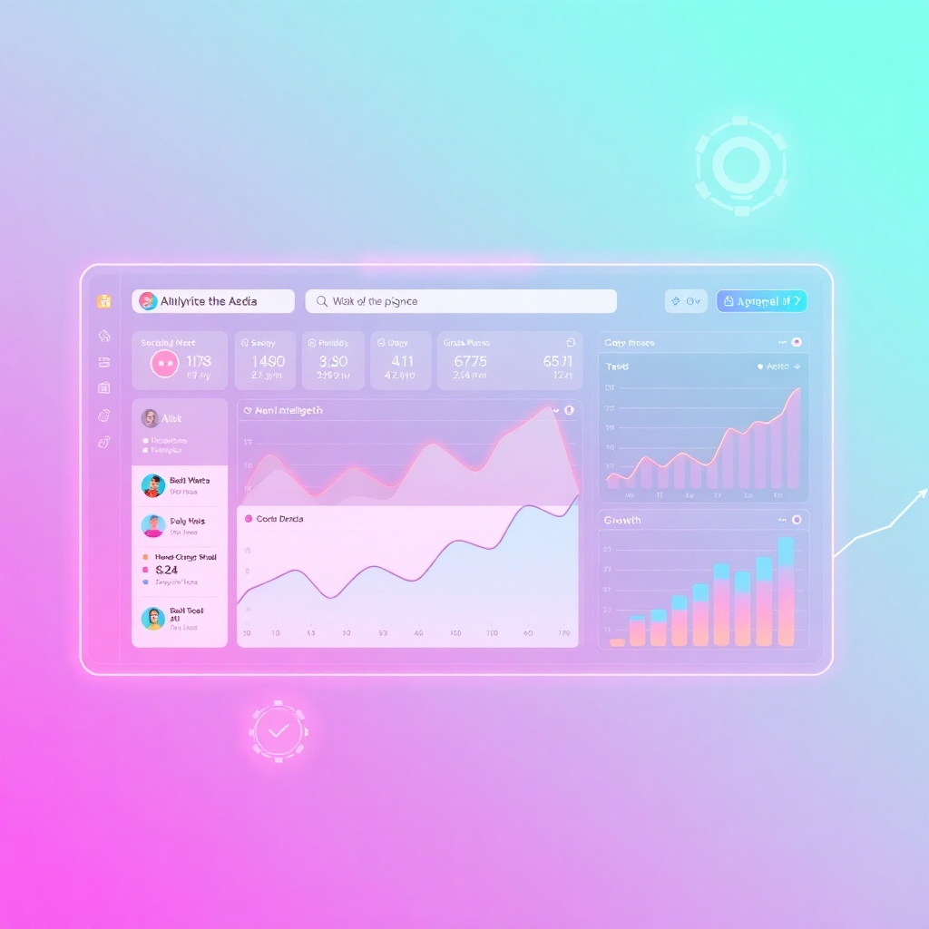 A stylized image showcasing a social media dashboard with AI-powered analytics.  It should have a futuristic look, emphasizing data flow and intelligence, showing significant growth trends. The color palette should be vibrant, modern, and highlight data visualizations.