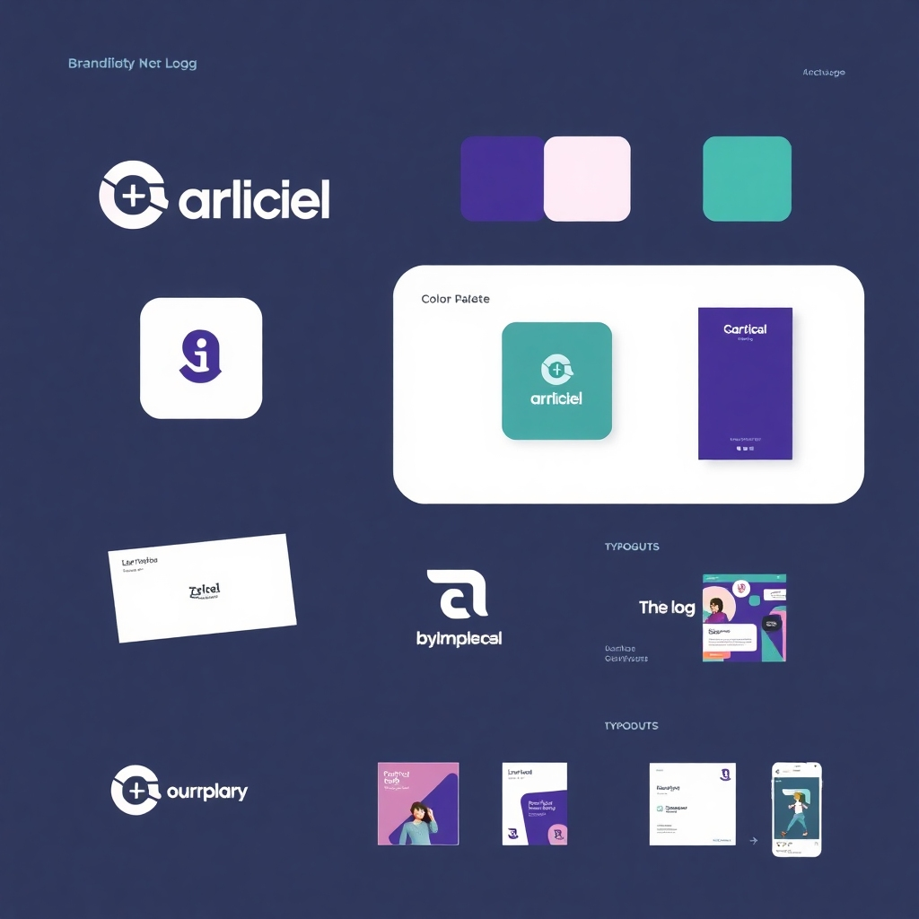 A stylized image showcasing different aspects of branding, such as a logo, color palette, and typography. The style could be minimalist yet impactful, conveying professionalism and creativity. It can include mockups for business cards, social media posts, and website elements.