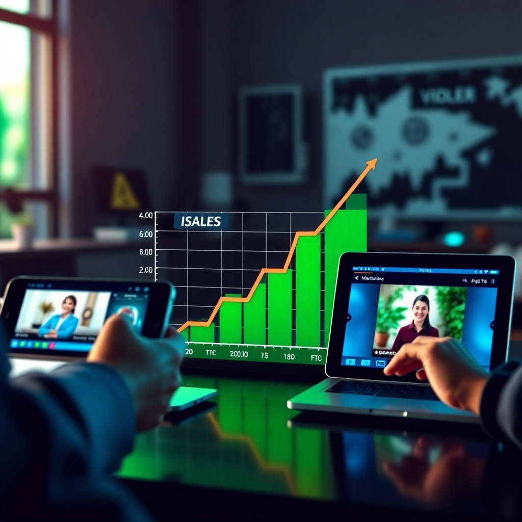 A compelling image illustrating a graph charting sales increase alongside spokesperson videos being played on devices like smartphones, laptops, and tablets. The setting is dynamic, with modern digital devices capturing a bright, engaging ambiance. The colors are motivational, with greens and blues symbolizing growth and success. This image should convey the concept of measurable business success driven by impactful video marketing.