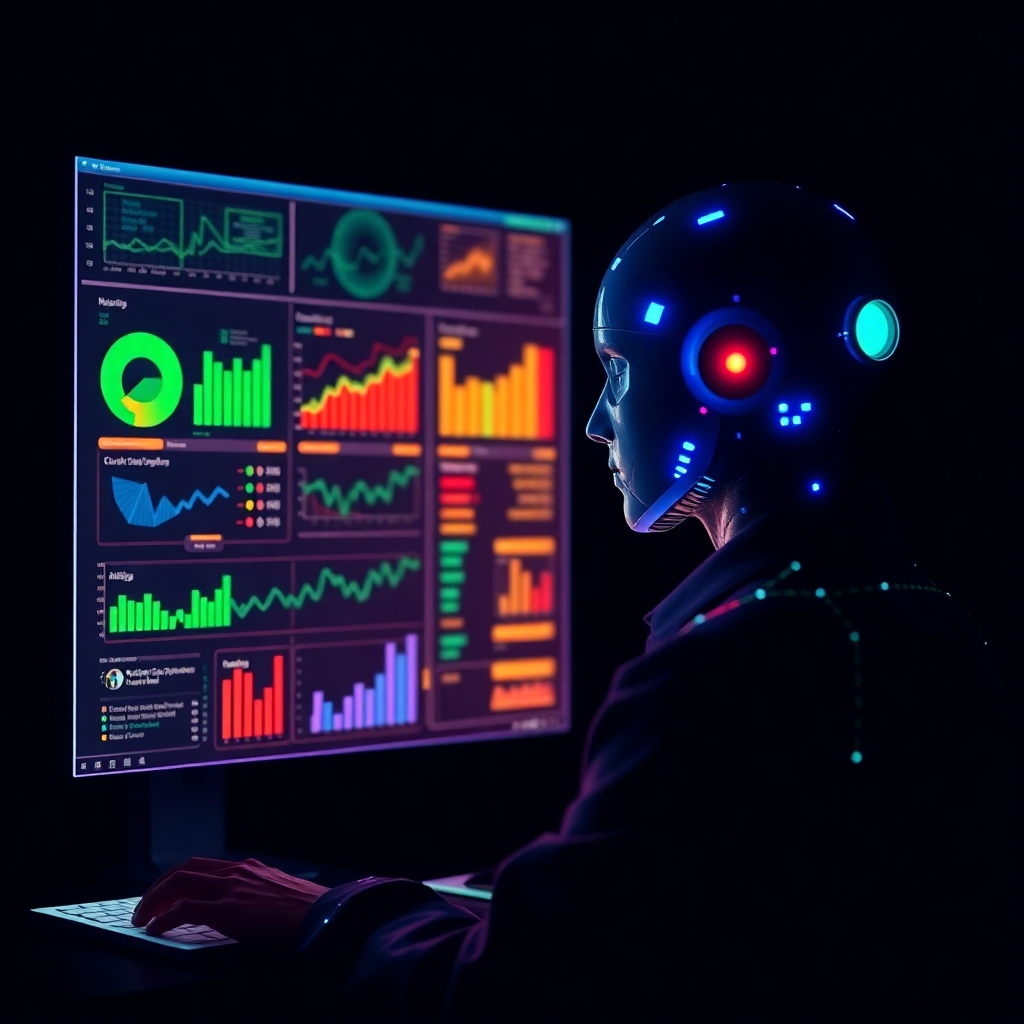 A realistic, high-quality image showcasing AI agents within a manufacturing environment. The scene includes robots on a production line, monitored by AI software displaying metrics and insights. Harsh, focused lighting highlights the machines, while warm ambient light suggests a busy factory atmosphere. The color palette includes industrial grays and vibrant indicator lights. The camera angle captures the interaction between AI and robotics, emphasizing the harmony of automation. Textures should be rugged yet sophisticated, representing the industrial setting. This image should also be of high quality.